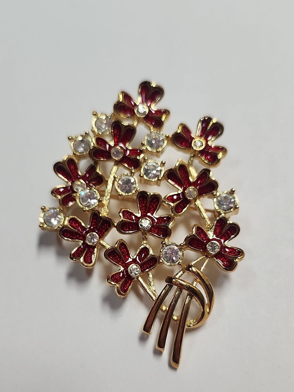 Gold-Tone Red Floral Crystal Bouquet Brooch